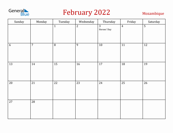 Mozambique February 2022 Calendar - Sunday Start