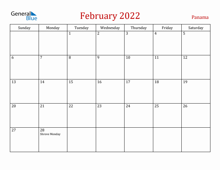 Panama February 2022 Calendar - Sunday Start