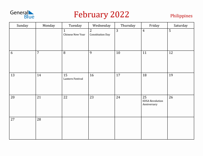 Philippines February 2022 Calendar - Sunday Start