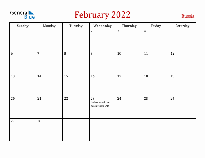 Russia February 2022 Calendar - Sunday Start