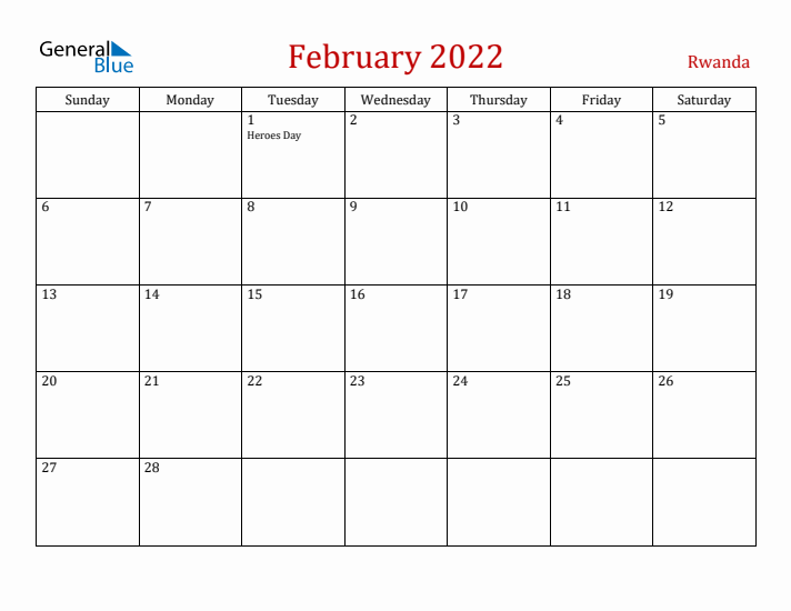 Rwanda February 2022 Calendar - Sunday Start