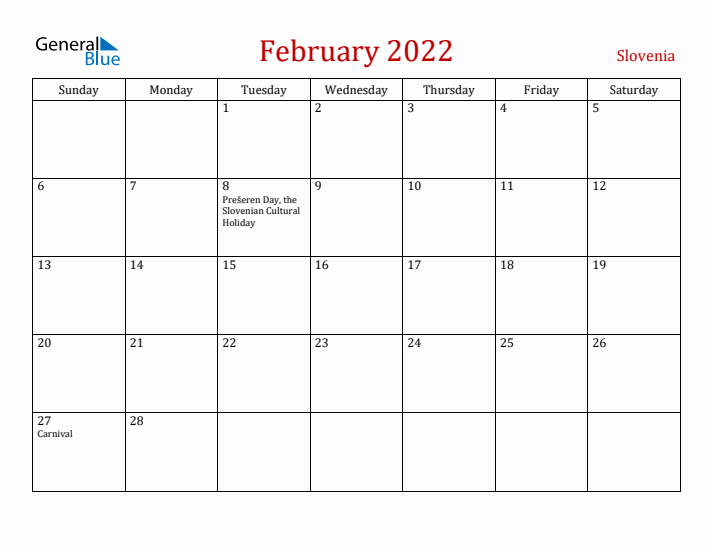 Slovenia February 2022 Calendar - Sunday Start