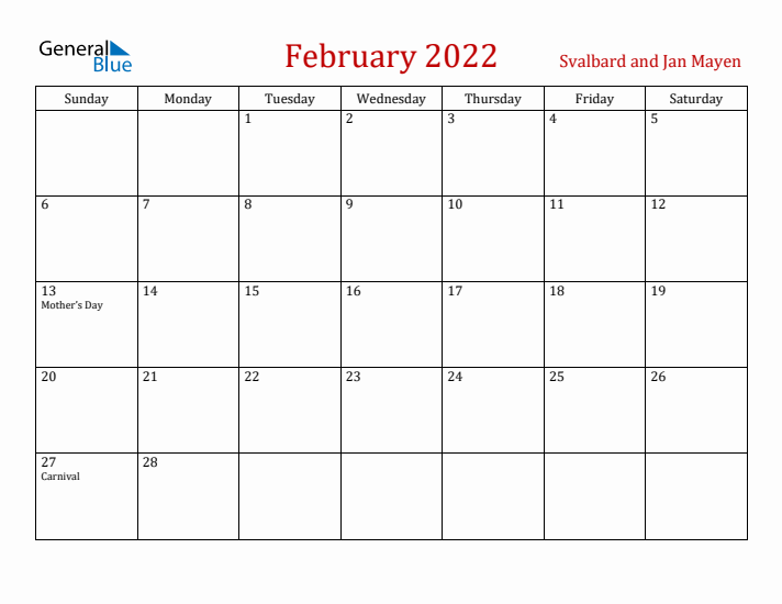 Svalbard and Jan Mayen February 2022 Calendar - Sunday Start