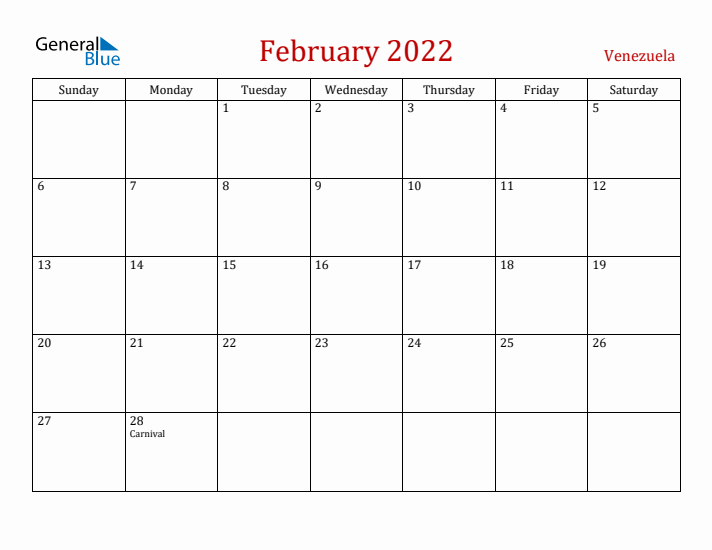 Venezuela February 2022 Calendar - Sunday Start