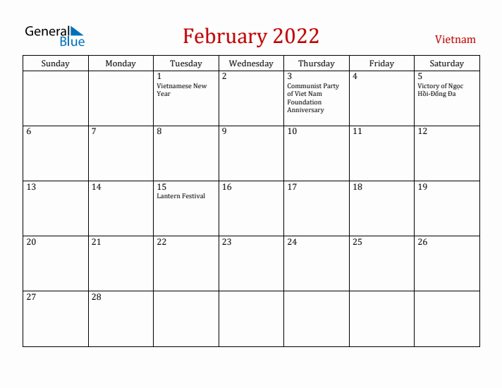 Vietnam February 2022 Calendar - Sunday Start