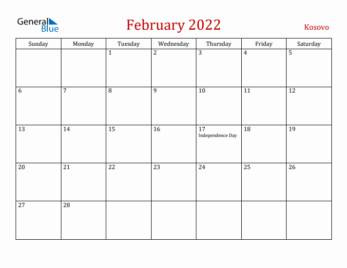 Kosovo February 2022 Calendar - Sunday Start