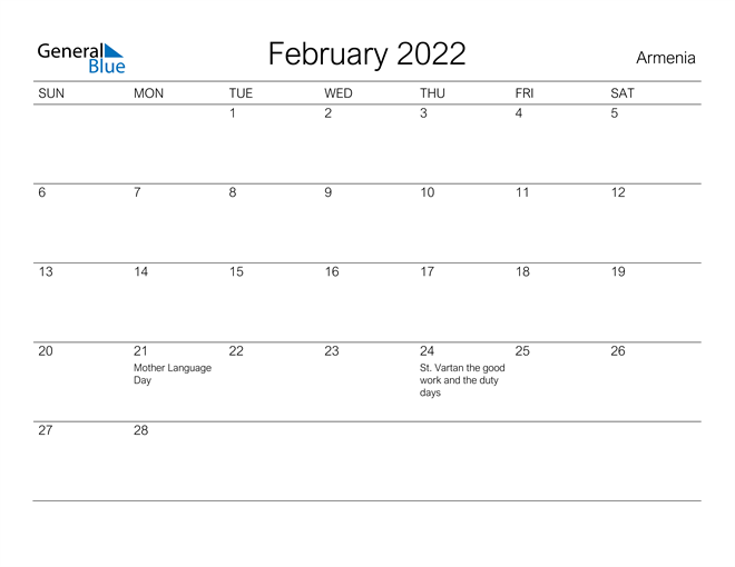 Printable February 2022 Calendar for Armenia
