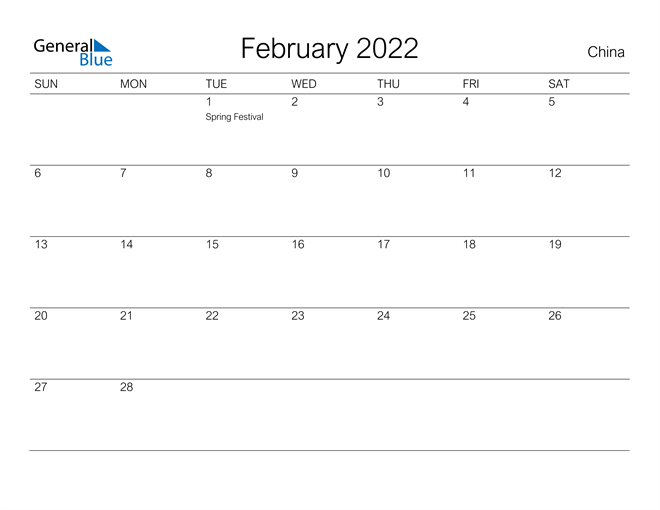 Printable February 2022 Calendar for China