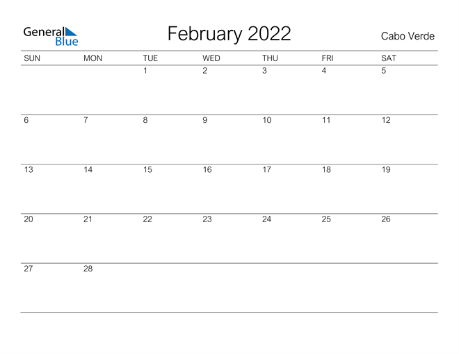 Printable February 2022 Calendar for Cabo Verde