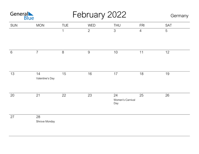 Printable February 2022 Calendar for Germany