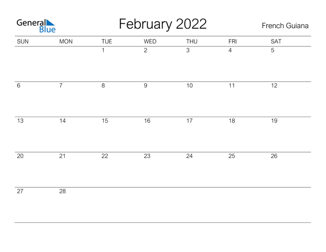 Printable February 2022 Calendar for French Guiana