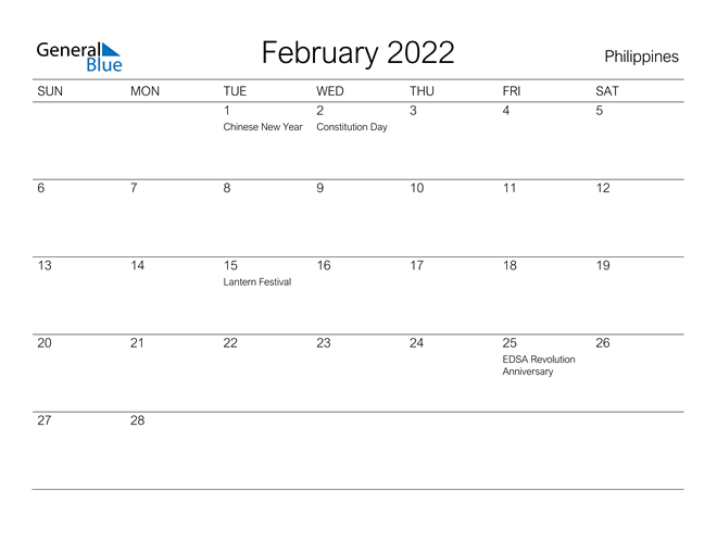 Philippines February 2022 Calendar with Holidays