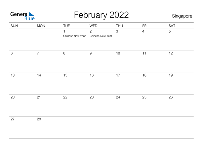 Feb 2022 Holiday Calendar Singapore February 2022 Calendar With Holidays