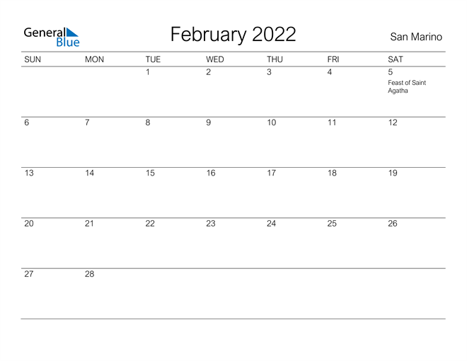 Printable February 2022 Calendar for San Marino
