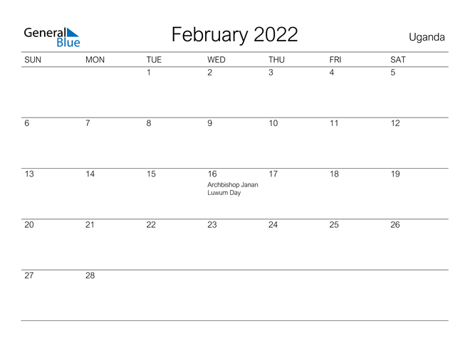 Printable February 2022 Calendar for Uganda