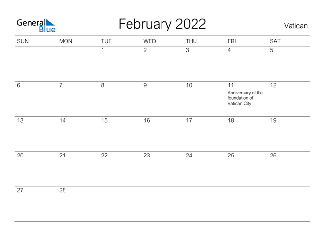Printable February 2022 Calendar for Vatican