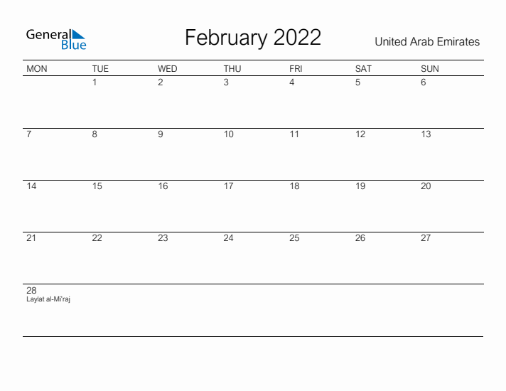 Printable February 2022 Calendar for United Arab Emirates