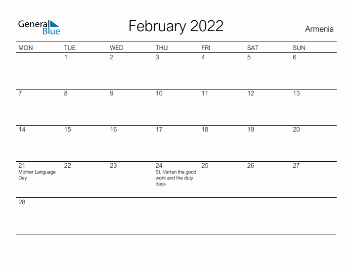 Printable February 2022 Calendar for Armenia