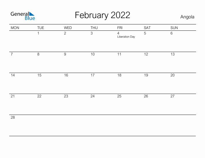 Printable February 2022 Calendar for Angola