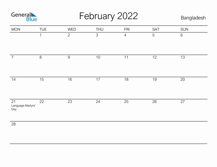 Printable February 2022 Calendar for Bangladesh