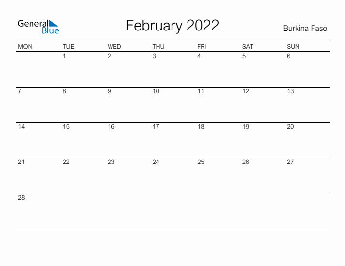 Printable February 2022 Calendar for Burkina Faso