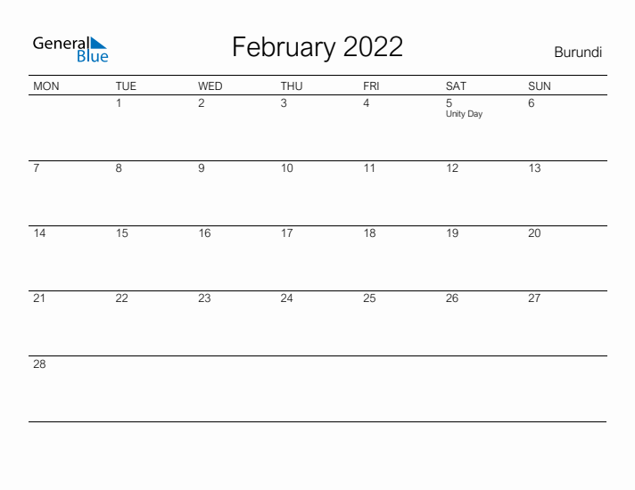 Printable February 2022 Calendar for Burundi