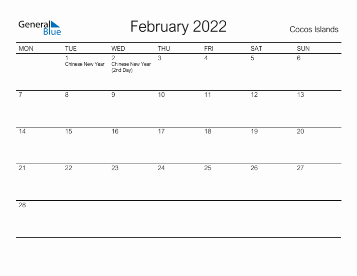 Printable February 2022 Calendar for Cocos Islands