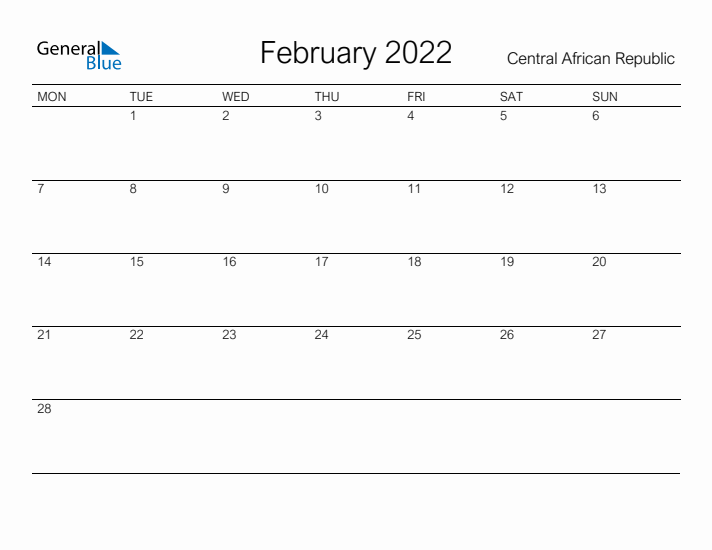 Printable February 2022 Calendar for Central African Republic