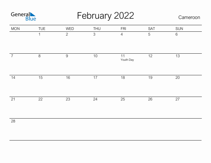 Printable February 2022 Calendar for Cameroon