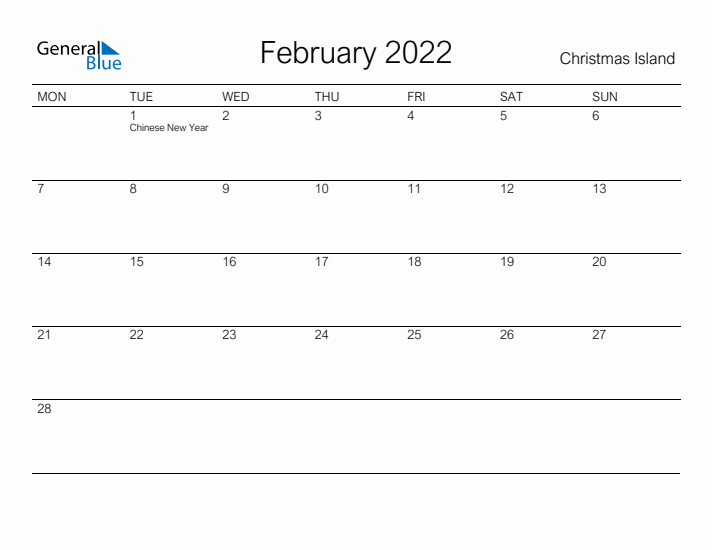 Printable February 2022 Calendar for Christmas Island