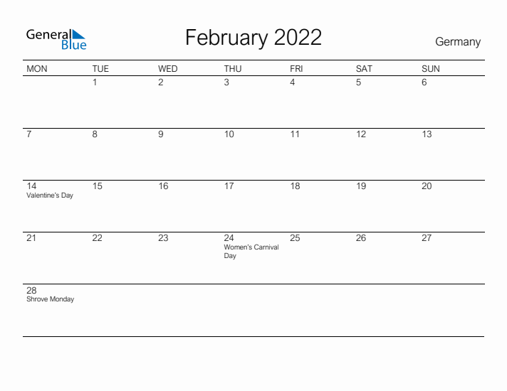 Printable February 2022 Calendar for Germany