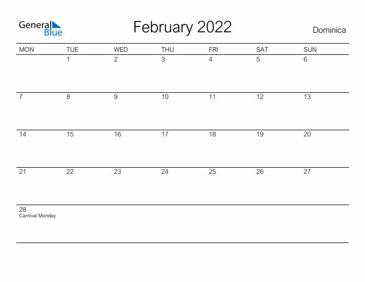 Printable February 2022 Calendar for Dominica