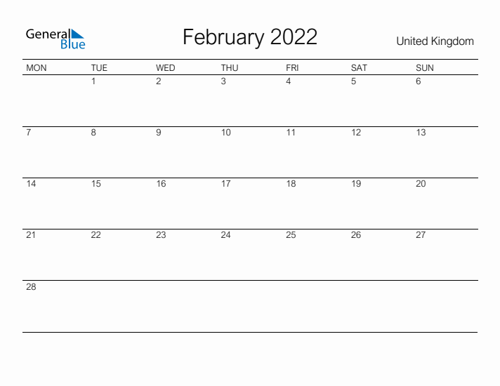 Printable February 2022 Monthly Calendar with Holidays for United Kingdom