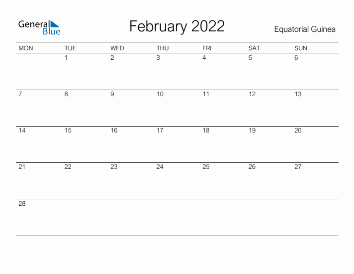 Printable February 2022 Calendar for Equatorial Guinea
