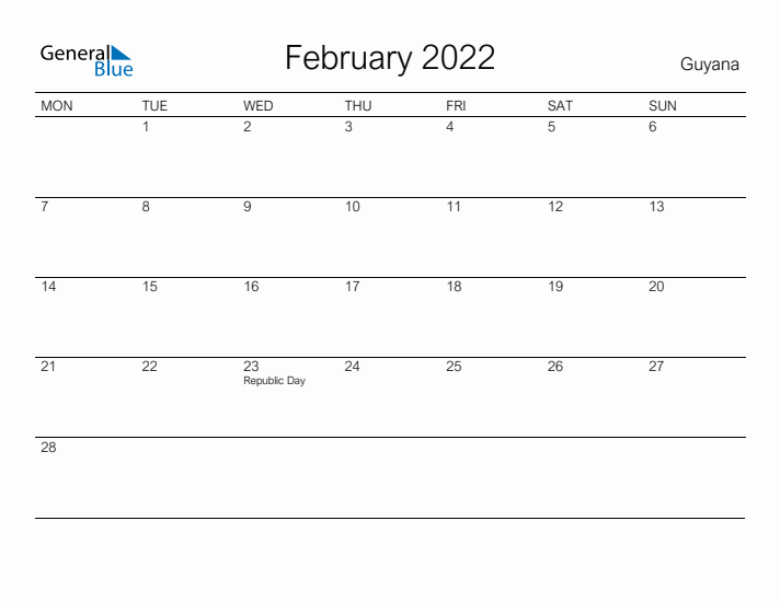 Printable February 2022 Calendar for Guyana