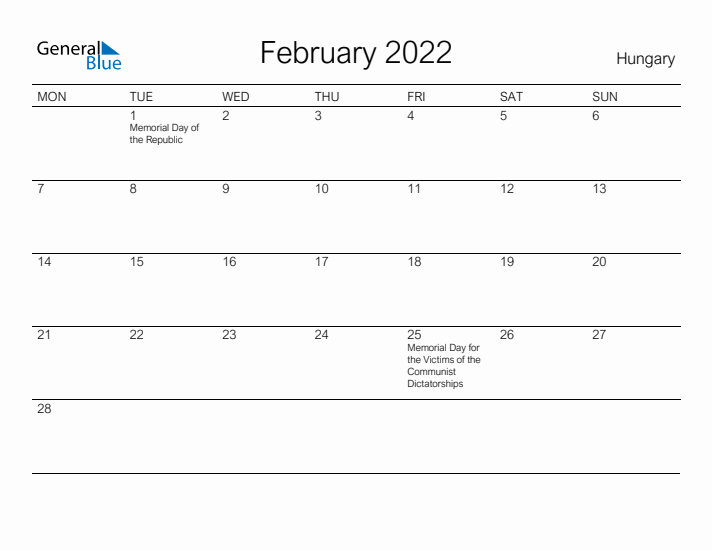 Printable February 2022 Calendar for Hungary