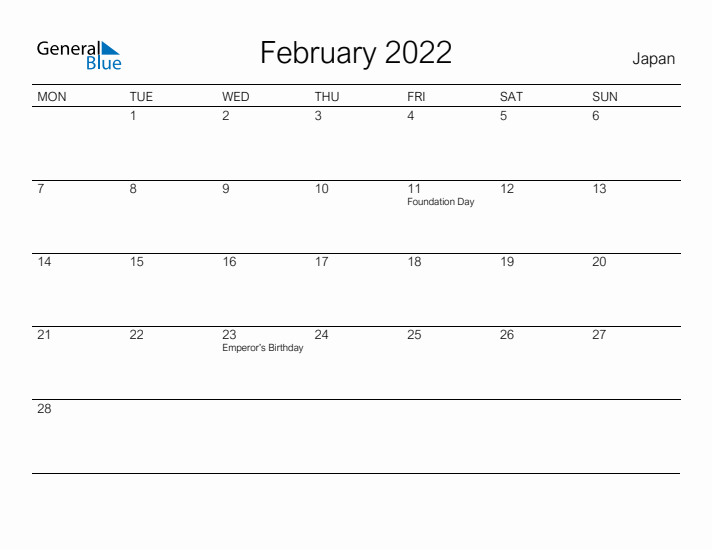 Printable February 2022 Calendar for Japan