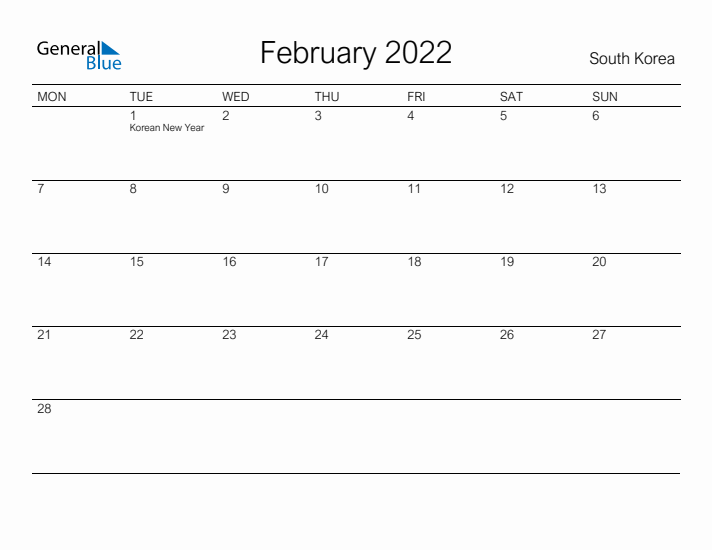 Printable February 2022 Calendar for South Korea