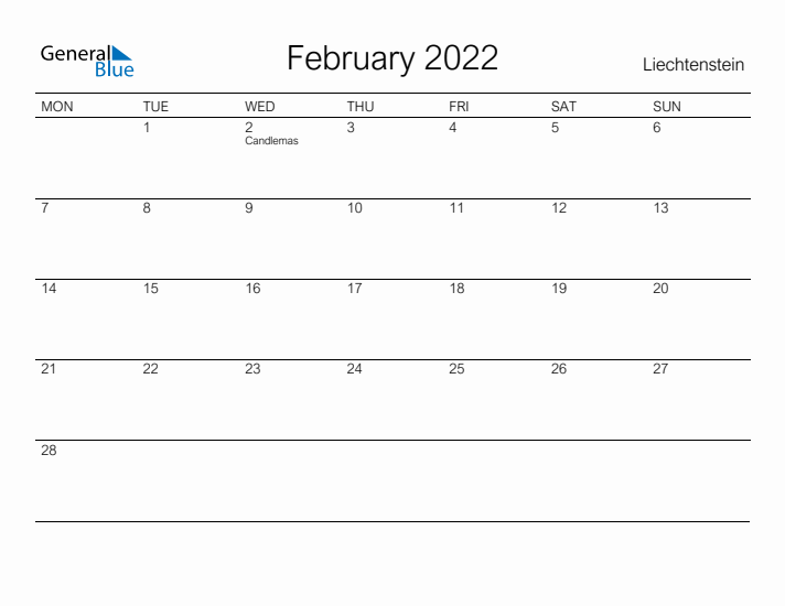 Printable February 2022 Calendar for Liechtenstein