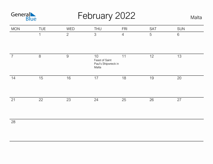 Printable February 2022 Calendar for Malta
