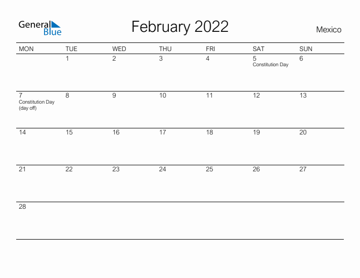 Printable February 2022 Calendar for Mexico