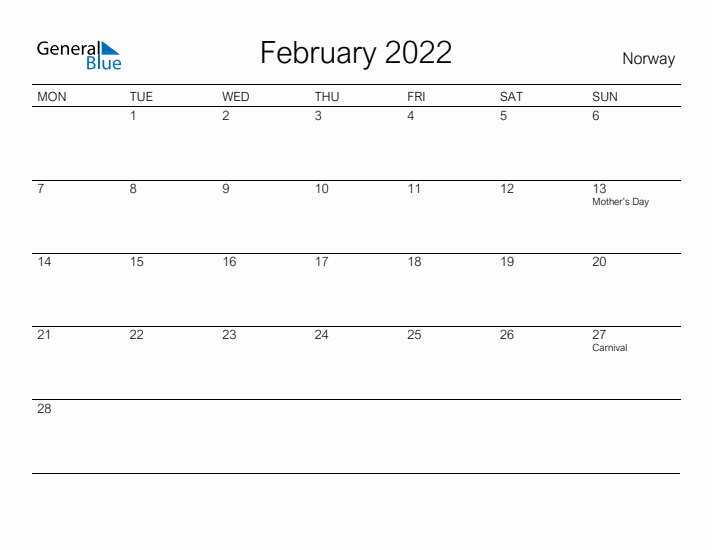 Printable February 2022 Calendar for Norway