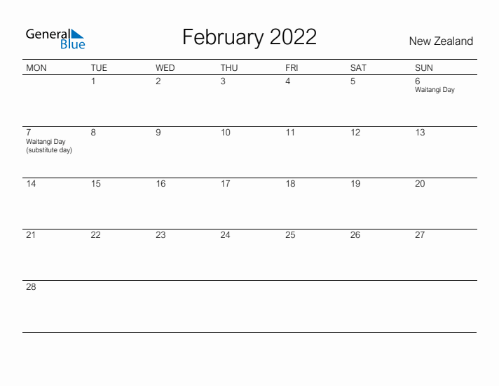 Printable February 2022 Calendar for New Zealand