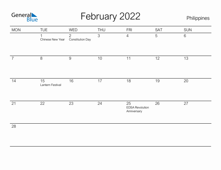 Printable February 2022 Monthly Calendar with Holidays for Philippines
