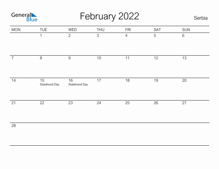 Printable February 2022 Calendar for Serbia