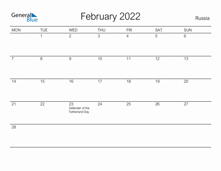 Printable February 2022 Calendar for Russia