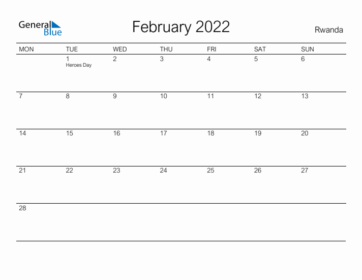 Printable February 2022 Calendar for Rwanda