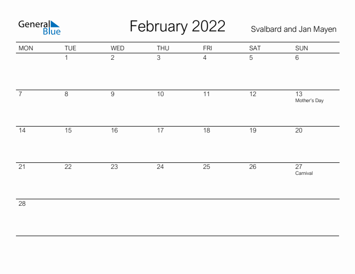 Printable February 2022 Calendar for Svalbard and Jan Mayen