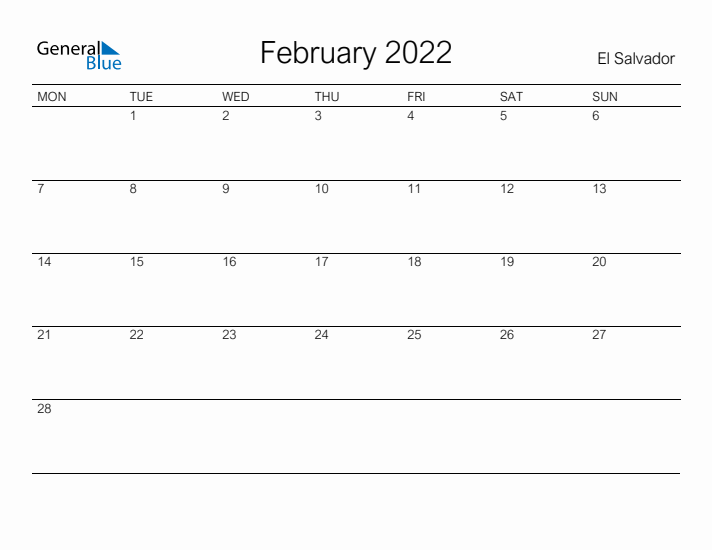 Printable February 2022 Calendar for El Salvador