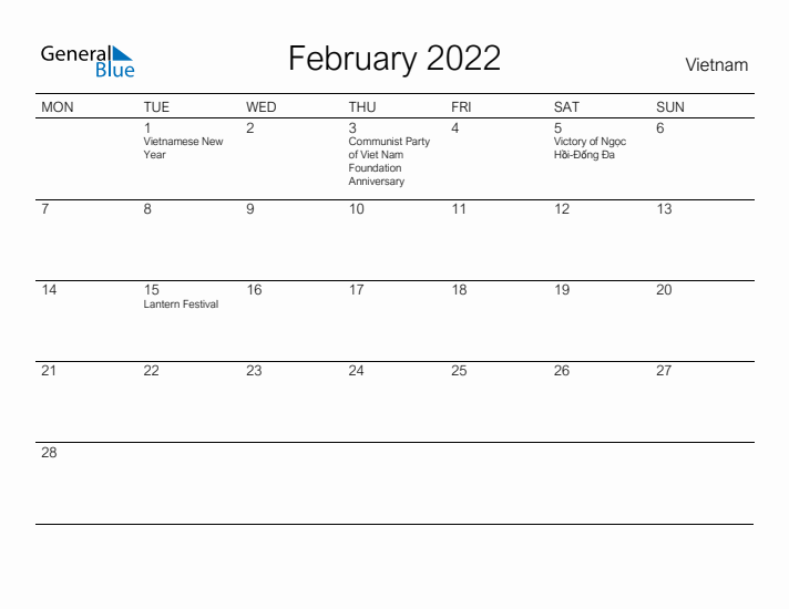 Printable February 2022 Calendar for Vietnam